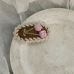 Fleur Pinces à cheveux tricotées à la main en laine d'hiver, accessoires de cheveux pour les filles, ovale, perle rose, motif de fleur, 70mm