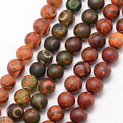 Mixed Patterns Tibetan Style Mixed Pattern dZi Beads, Natural Agate Bead Strands, Round, Matte Style, Dyed & Heated, Mixed Color, 10mm, Hole: 1mm, about 18pcs/strand, 7.5 inch
