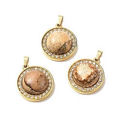 Picture Jasper Natural Picture Jasper Pendants, with Golden Tone 304 Stainless Steel and Crystal Rhinestone Findings, Half Round Charm, 24.5x21x8mm, Hole: 3.5x6mm
