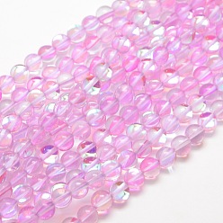 Pink Synthetic Moonstone Beads Strands, Dyed, Holographic Beads, Half AB Color Plated, Round, Pink, 8mm, Hole: 1mm, about 49pcs/strand, 15 inch