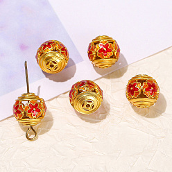 Red Brass Enamel Beads, Round with Flower, Red, 12mm