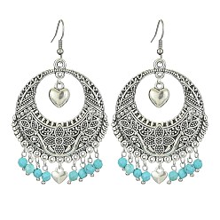 Blue Dyed Natural Howlite Beaded Chandelier Earrings, Alloy Flat Flat Round Earrings with 304 Stainless Steel Pins, Blue, 73.5x43mm