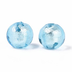 Светло-Голубой Ручная серебряная фольга стеклянные бусины Lampwork, круглые, Небесно-голубой, 11.5~12.5 мм, отверстие : 1.4~1.6 мм