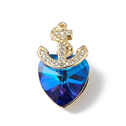 Medium Blue Real 18K Gold Plated Rack Plating Brass Micro Pave Clear Cubic Zirconia Pendants, with Glass, Long-Lasting Plated, Cadmium Free & Lead Free, Boat Anchor & Heart Charm, Medium Blue, 20x12x9mm, Hole: 6x2.5mm