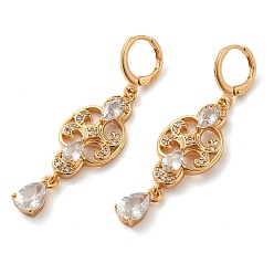 Clear Rack Plating Golden Brass Dangle Leverback Earrings, with Cubic Zirconia, Flower, Clear, 52x14mm