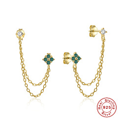 Golden-Green Diamond Chic S925 Sterling Silver Chain Tassel Earrings for Trendy Girls