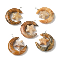 Сумасшедший Агат Природных сумасшедшие подвески агат, луна со звездными чарами, с петлями из медной проволоки, платина, 36~37x27~28x7.5~8 мм, отверстие : 4 мм