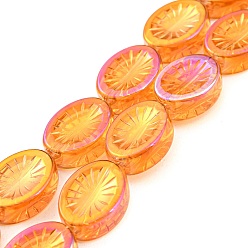Dark Orange Electroplate Glass Bead Strands, Full Rainbow Plated, Oval with Flower, Dark Orange, 14x10.4x4.8mm, Hole: 1.2mm, about 45pcs/strand, 25.04 inch(63.6cm)