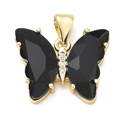Black Brass Micro Pave Clear Cubic Zirconia Pendants, with Glass, Butterfly Charms, Lead Free & Cadmium Free, Long-Lasting Plated, Rack Plating, Real 18K Gold Plated, Black, 15x19x5mm, Hole: 5x3.5mm
