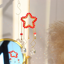 Crimson Star Quartz Crystal Dyed Hanging Suncatcher Pendant Decoration, Crystal Ceiling Chandelier Ball Prism Pendants, with Brass & Iron Findings, Crimson, 300mm