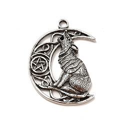 Antique Silver Tibetan Style Alloy Pendants, Moon with Wolf Charm, Antique Silver, 40.5x30x5.5mm, Hole: 3.1mm