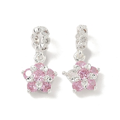 Бледно-Розовый Европейские подвески с подвесками из латуни и кубическим цирконием, подвески в виде цветов с большими отверстиями, 925 серебро покрытием, розовый жемчуг, 20.5 мм, отверстие : 4 мм