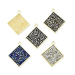 Mixed Color Rhinestone Pendants, with Light Gold Plated Brass Findings, Rhombus, Cadmium Free & Lead Free, Mixed Color, 25.5x23x3mm, Hole: 2mm