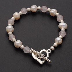 Rose Quartz Attractive Natural Gemstone Beaded Bracelets, with Pearl Beads, Brass Beads and Heart Alloy Toggle Clasps, Rose Quartz, 185mm