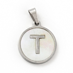 Letter T 304 Stainless Steel with White Shell Pendants, Stainless Steel Color, Flat Round with Letter Charm, Letter.T, 18x16x1.5mm, Hole: 3x6mm