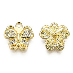Light Gold Rack Plating Alloy Pendants, with Crystal Rhinestone, Cadmium Free & Nickel Free & Lead Free, Butterfly, Light Gold, 15x14.5x3mm, Hole: 1.5mm