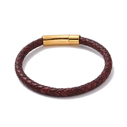 Coconut Brown Leather Braided Round Cord Bracelet with 304 Stainless Steel Clasp for Women, Coconut Brown, 8-1/4 inch(20.8cm)