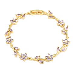 Lilas Bracelets en laiton pavé de zirconiums cubiques à maillons en forme de fleur pour femmes, crémaillère plaquage, plaqué longue durée, sans cadmium et sans plomb, réel 18 k plaqué or, lilas, 7.44 pouce (18.9 cm)
