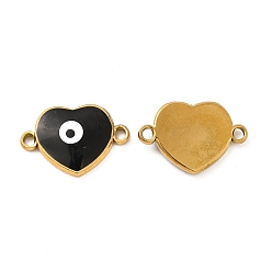 Black 201 Stainless Steel Enamel Connector Charms, Real 24K Gold Plated, Heart Links with Evil Eye, Black, 18x12.5x2.5mm, Hole: 1.6mm
