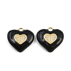 Черный Латунные микро проложить кубического циркония подвески, сердце, с эмалью, реальный 18 k позолоченный, без кадмия и без свинца, стойки покрытие, долговечный, чёрные, 19x20x6 мм, отверстие : 2 мм