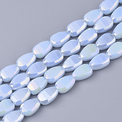 Light Sky Blue Electroplate Opaque Solid Color Glass Beads Strands, AB Color Plated, Faceted, Teardrop, Light Sky Blue, 8.5x6x4.5~5mm, Hole: 1mm, about 80pcs/strand, 26.38 inch(67cm)