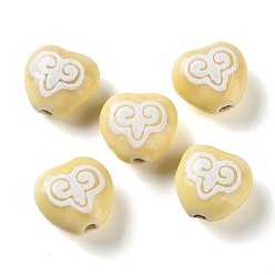 Светло-хаки Печатные ручной фарфоровые бусы, сердце с символами, светлый хаки, 16~16.5x16.5~17.5x9~9.5 мм, отверстие : 1.8~2 мм