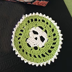 Yellow Green Halloween Theme Polyester Crochet Cup Mats, Antiskid Macrame Coasters, Flat Round with Skull, Yellow Green, 120mm