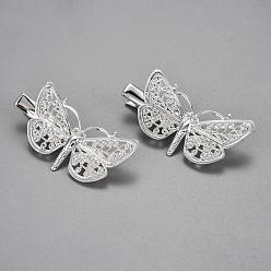 Серебро Желехная фурнитура заколки , с латунной филигранной фурнитурой, бабочка, серебряные, лоток : 25x43 мм, 48~50 мм