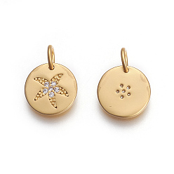 Matte Gold Color Brass Micro Pave Cubic Zirconia Charms, Lead Free & Cadmium Free, Flat Round with Starfish/Sea Stars, Clear, Matte Gold Color, 10x10x1.5mm, Hole: 3mm