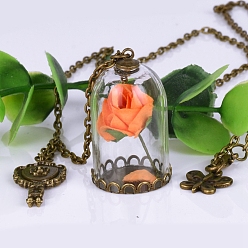 Orange Butterfly & Key & Glass Dried Flower Wishing Bottle Pendant Necklace, with Antique Bronze Alloy Cable Chains, Orange, 33.46 inch(85cm)
