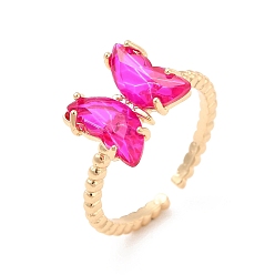 Fuchsia K9 Glass Butterfly Open Cuff Ring, Light Gold Brass Jewelry for Women, Fuchsia, US Size 5 1/2(16.1mm)