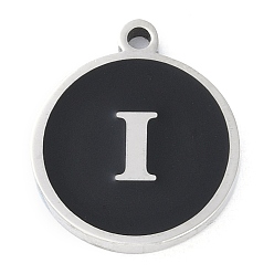 Letter I 201 подвески из нержавеющей стали, с черной эмалью, цвет нержавеющей стали, плоские круглые с буквы, Буква "i", 18.5x15.5x2 мм, отверстие : 1.6 мм