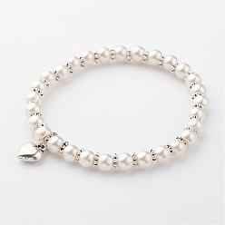 Creamy White Glass Pearl Stretch Bracelets, with Alloy Findings, Creamy White, 54mm