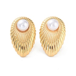Real 14K Gold Plated 304 Stainless Steel Teardrop Stud Earrings, with ABS Plastic Pearl Beads, Real 14K Gold Plated, 24x15.5mm