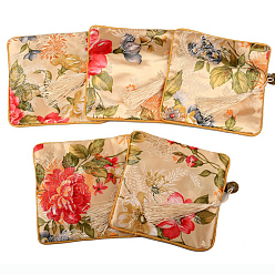Moccasin Retro Square Cloth Zipper Pouches, with Tassel and  Flower Pattern, Moccasin, 11.5x11.5cm
