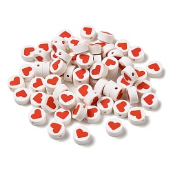 Red Handmade Polymer Clay Beads, Round with Heart, Red, 9.5x4.5mm, Hole: 1.8mm
