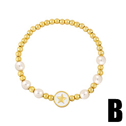 B Minimalist Pearl Bracelet with Cross, Stars and Moon Charms - Elastic Stretch Handmade Jewelry