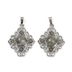 Лабрадорита Природные подвески лабрадорита, ромбовидные подвески с латунной фурнитурой, стойки покрытие, платина, 35.5x27x7.5 мм, отверстие : 8.5x4.5 мм