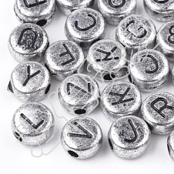Silver Acrylic Beads, Horizontal Hole, Mixed Letter, Flat Round, Silver, 7x4mm, Hole: 1mm, about 3700pcs/500g