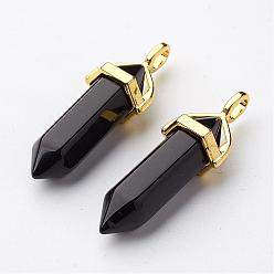 Black Glass Pointed Pendants, with Alloy Finding, Golden, Bullet, Black, 37~40x12.5x10mm, Hole: 3x4.5mm