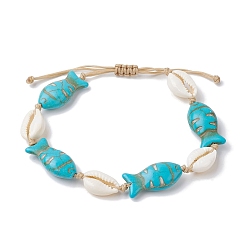 Fish Natural Shell & Synthetic Turquoise Braided Bead Anklets, Fish, Inner Diameter: 1-7/8~3 inch(4.7~7.5cm), Fish: 22x12mm