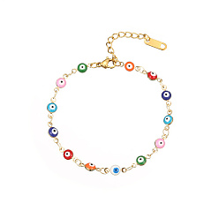 Flat Round Golden Tone Stainless Steel Enamel Evil Eye Link Chain Bracelets for Women, Colorful, Flat Round, 6-1/4 inch(16cm)