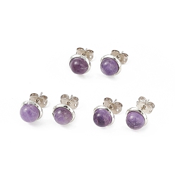 Amethyst Natural Amethyst Half Round Stud Earrings, Platinum Brass Jewelry for Women, Cadmium Free & Lead Free, 14x8mm, Pin: 0.7mm