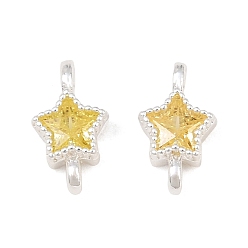 Plata Dijes conectores de latón con circonitas cúbicas amarillas engastadas, enlaces estrella, chapado en rack, larga duración plateado, plata, 9.5x5x3 mm, agujero: 1.2 mm