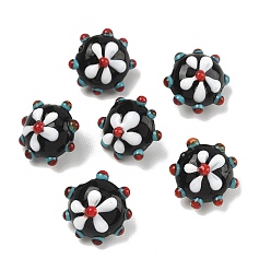 Черный Ручной работы ухабистым Шарики Lampwork, RONDELLE с цветочным узором, чёрные, 15.5x17.5x13 мм, отверстие : 1.6 мм
