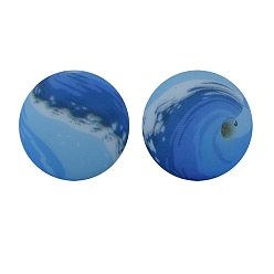 Cornflower Blue Round with Sea Wave Print Pattern Food Grade Silicone Beads, Silicone Teething Beads, Cornflower Blue, 15mm