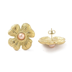 Seashell Color Flower Real 14K Gold Plated 304 Stainless Steel Stud Earrings, with Natural Shell Beads, Seashell Color, 25x25mm