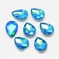 Deep Sky Blue Pointed Back Glass Rhinestone Cabochons, Back Plated, Faceted, AB Color Plated, teardrop, Deep Sky Blue, 14x10x5mm