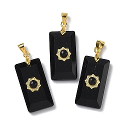 Обсидиан Ограненные подвески из натурального обсидиана, Прямоугольный элемент с подвесками в виде солнца, с латунной фурнитурой золотистого оттенка и декоративными элементами в виде ламелей., 25x13x7 мм, отверстие : 5x3.5 мм
