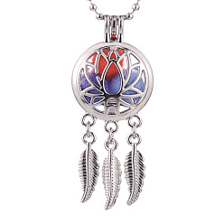 Platinum Alloy Diffuser Locket Pendants, with Lotus Pattern, Excluding Chain, Woven Net/Web with Feather, Platinum, 55x24mm